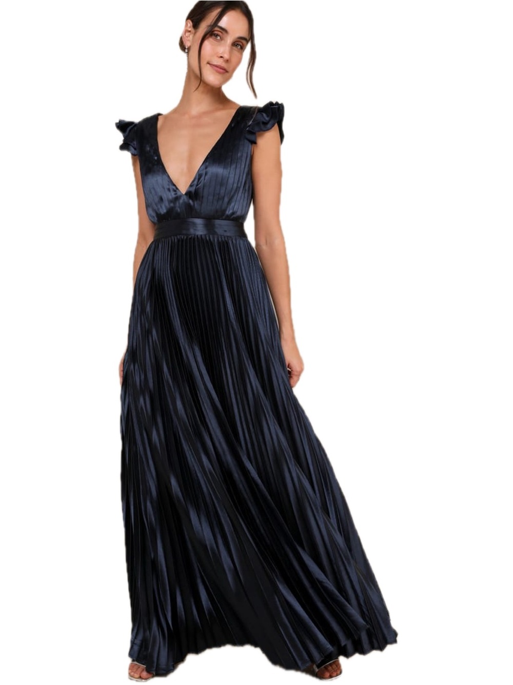 Lulus Exceptional Drama Navy Blue Satin Lace Up Pleated Maxi Dress Medium